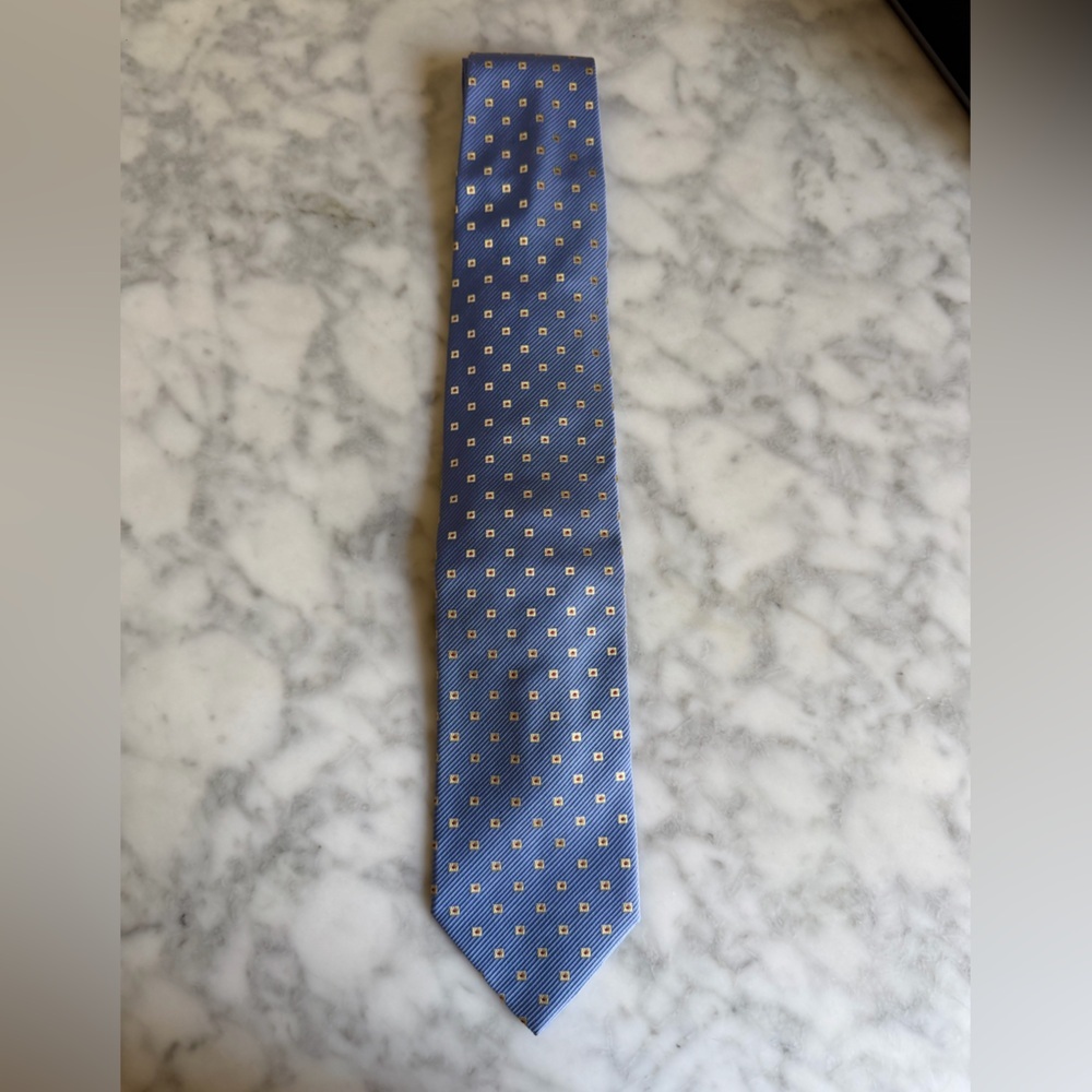 Hugo Boss Blue Tie with Gold Square Dots Silk Cotton Office Business Casual